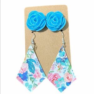 Statement Earring Set Bundle Rose Studs Floral Diamond Dangle Earrings Pink Blue